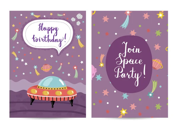 Joyeux Anniversaire Carte Voeux Dessin Animé Sur Thème Espace Soucoupe — Image vectorielle