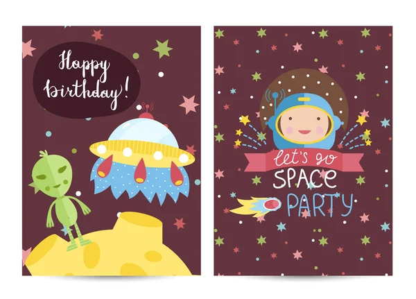 Alles Gute Zum Geburtstag Cartoon Grußkarte Zum Thema Weltraum Alien — Stockvektor