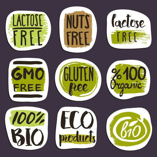 Alimentos Orgánicos Dibujado Mano Etiquetas Conjunto Vector Ilustración Vegetariano Libre — Vector de stock