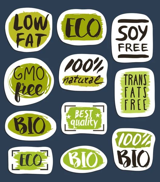 Organic Food Hand Drawn Labels Set Vector Illustration Vegetarian Gmo — Stock Vector