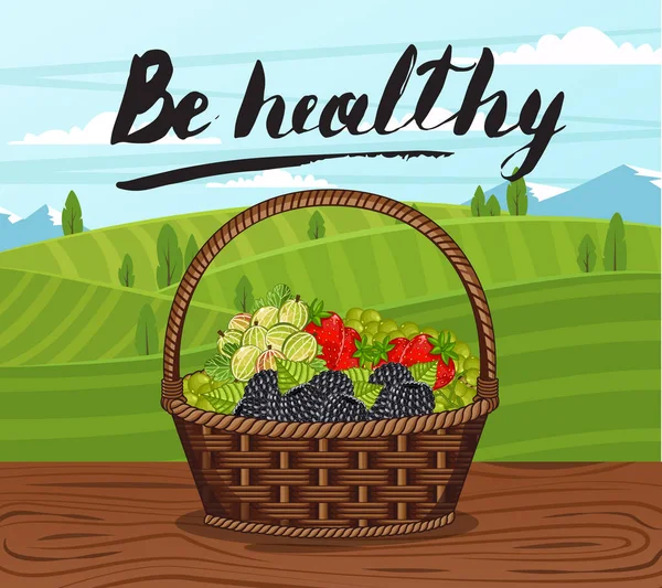 在木制桌子上展示健康的横幅和装满浆果的篮子 天然产品 新鲜营养 有机耕作 醋栗的食物概念 — 图库矢量图片