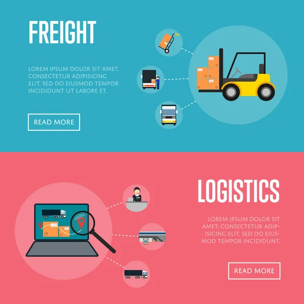Logistyka Transport Towarowy Banery Wektor Ilustracji Wózek Widłowy Pudełkami Laptop — Wektor stockowy