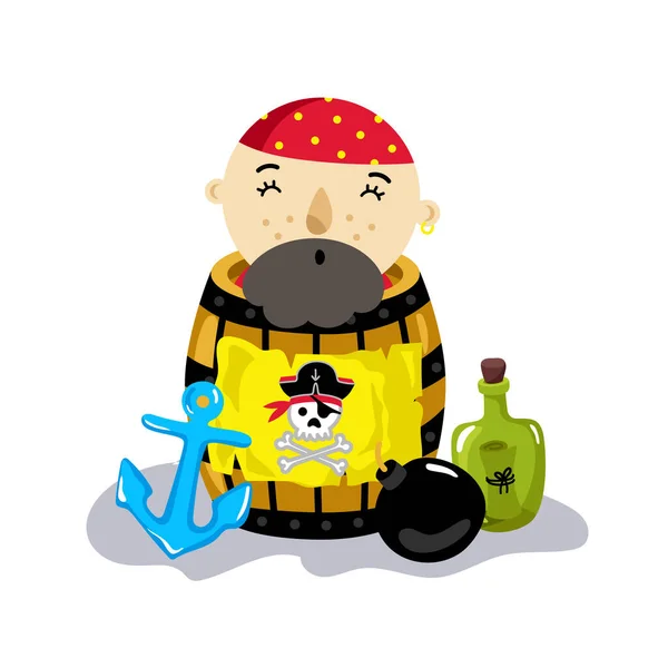 Piraat Karakter Houten Vat Icoon Kinderen Tekening Van Piraten Concept — Stockvector