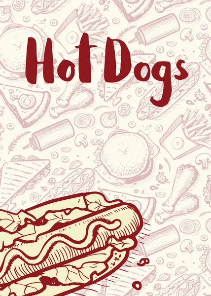 Hot Dogi Vintage Ręcznie Rysowane Plakat Restauracja Lub Kawiarnia Menu — Wektor stockowy