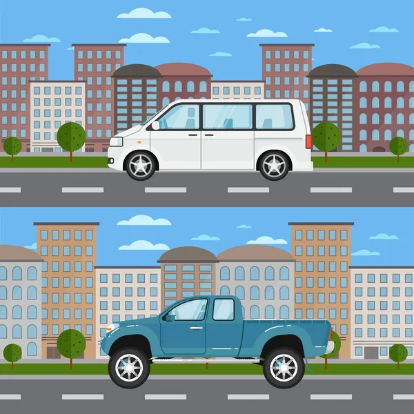 Pickup Truck Minivan Urban Landscape City Street Road Traffic Vector — Stock Vector