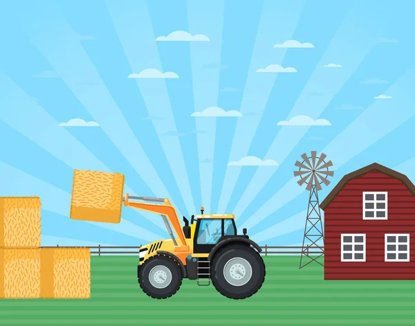 生长在农村农场 拖拉机把干草捆堆放在农场里 具有拖拉机 风车和谷仓的农村农业综合企业病媒概念 农民田间耕作 种植和收获 — 图库矢量图片