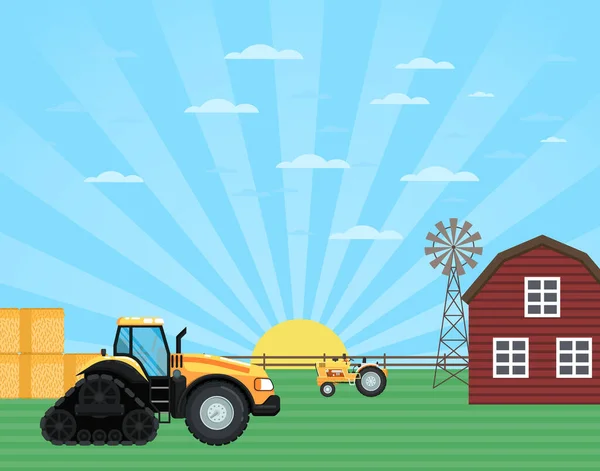 農地で農業を営む トラクター 風車や納屋 畑で働く農家 成長と収穫と農村農業ベクトルの概念 田舎の牧場で地元で栽培された自然食品 — ストックベクタ