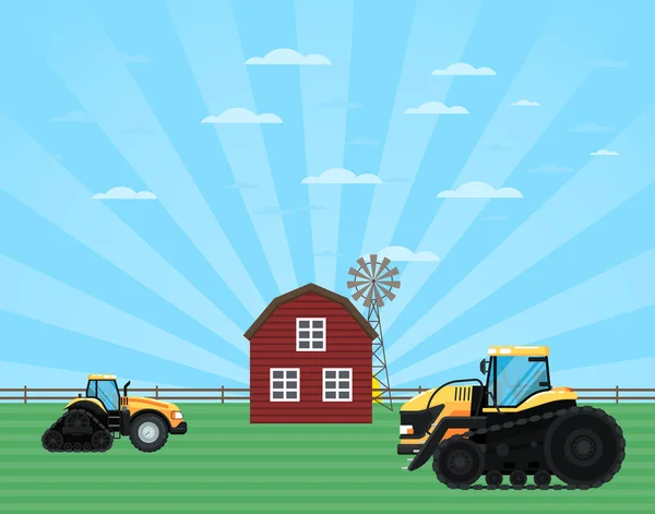 Concept Vecteur Agroalimentaire Rural Avec Tracteur Moulin Vent Grange Travaux — Image vectorielle