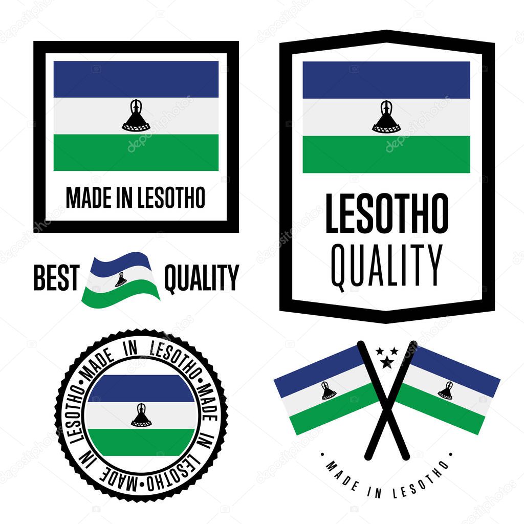 Lesotho quality isolated label set for goods. Exporting stamp with nation flag, manufacturer certificate element, country product vector emblem. Made in Lesotho badge collection.