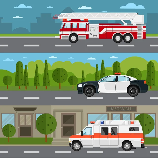 Пожарная машина, полиция и машина скорой помощи на шоссе — стоковый вектор