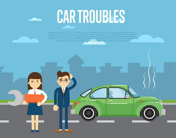 Αυτοκίνητο προβλήματα πανό με τους ανθρώπους κοντά σε σπασμένα αυτοκίνητο — Διανυσματικό Αρχείο