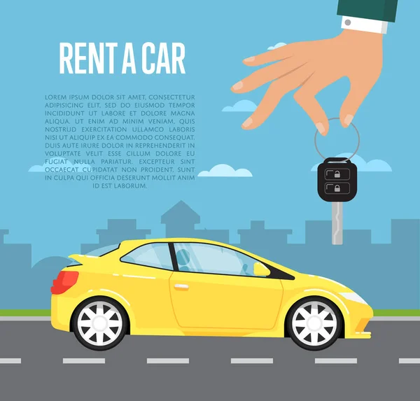 Rent a car concept with hand holding auto key — Vector de stoc