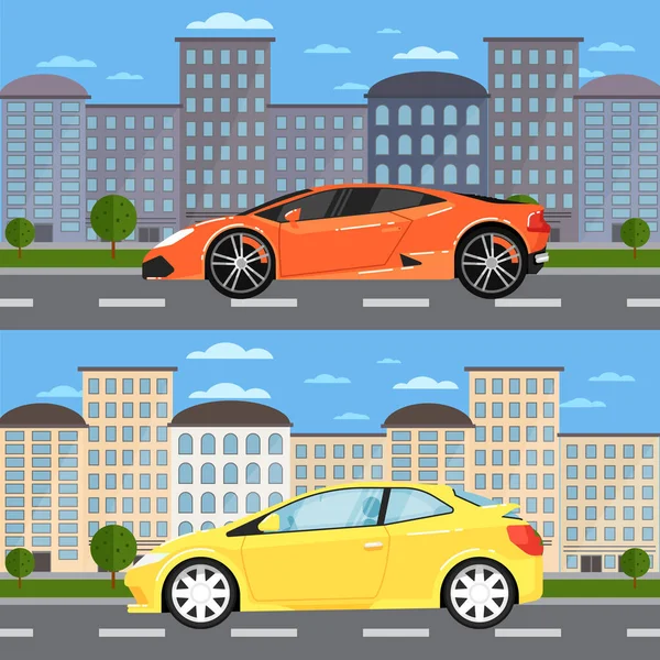 Carro esporte e carro universal na paisagem urbana — Vetor de Stock