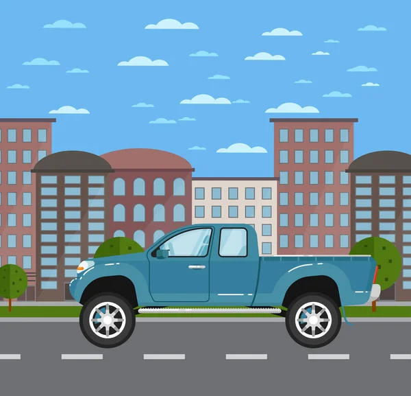 Modern pickup truck in urban landscape — Stock Vector