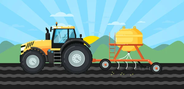 İlkbaharda tarlada ekin tohumu yapan traktör. — Stok Vektör