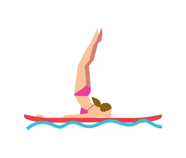 Mujer practicando SUP yoga en paddle board — Vector de stock