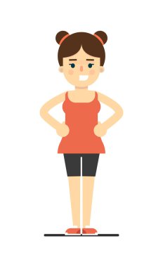 Spor giyim sektöründe beyaz arka planda izole edilmiş jimnastik yapan gülümseyen bir kız. Düz tasarımda spor, spor ve sağlıklı yaşam tarzı konsepti.