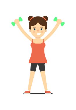 Spor kıyafetli sportif kız, beyaz arka plan vektör çizimine izole edilmiş halterleri kaldırıyor. Düz tasarımda spor, spor ve sağlıklı yaşam tarzı konsepti.