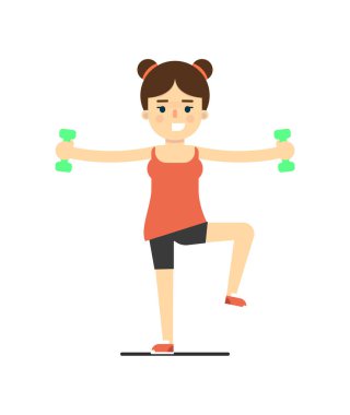 Beyaz arka plan vektör illüstrasyonuna izole edilmiş dambıllarla egzersiz yapan sportif kız. Düz tasarımda spor, spor ve sağlıklı yaşam tarzı konsepti.