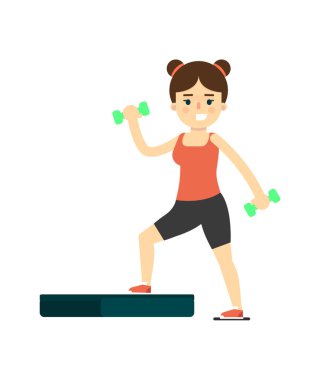Spor giyim sektöründe beyaz arkaplan vektör illüstrasyonunda izole edilmiş adım platformunu kullanan bir kız. Düz tasarımda spor, spor ve sağlıklı yaşam tarzı konsepti.