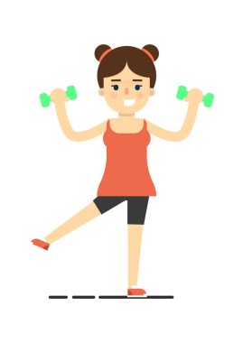 Beyaz arka plan çizimine izole edilmiş dambıllarla egzersiz yapan mutlu atletik kız. Düz tasarımda spor, spor ve sağlıklı yaşam tarzı konsepti.