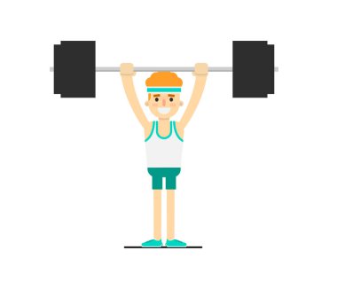 Spor kıyafetli sporcu çocuk beyaz arka plan vektör çiziminde izole edilmiş halteri kaldırıyor. Vücut geliştirme egzersizi, düz tasarımda Crossfit eğitim kavramı.