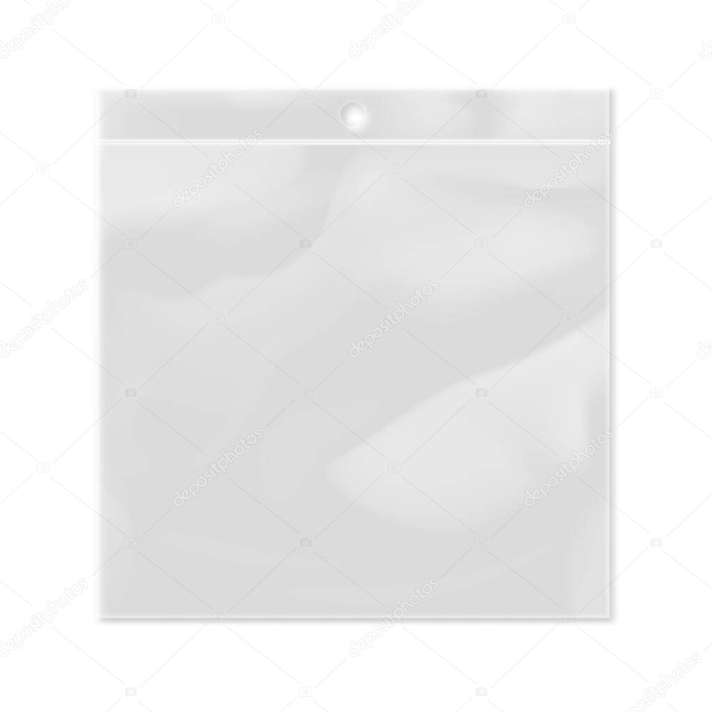 Realistic plastic transparent bag template isolated on white background vector illustration. Packaging design element