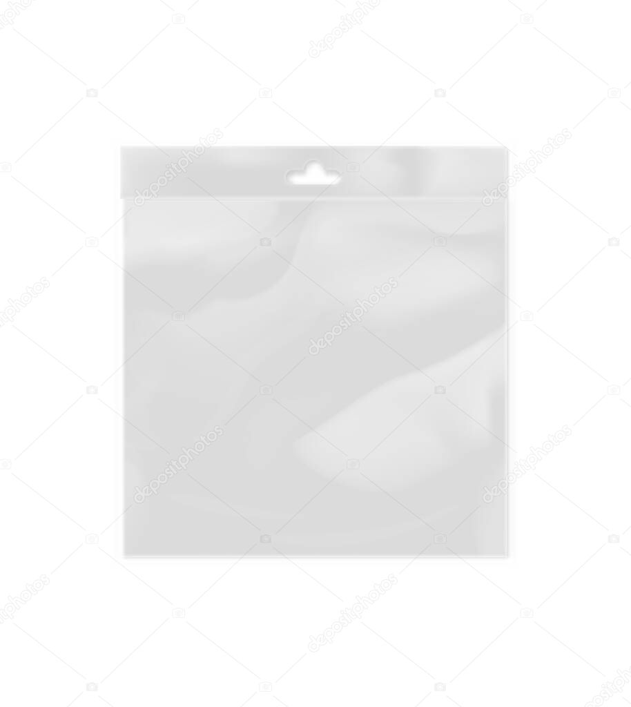 Blank polythene container with hang slot isolated on white background vector illustration. Packaging design element