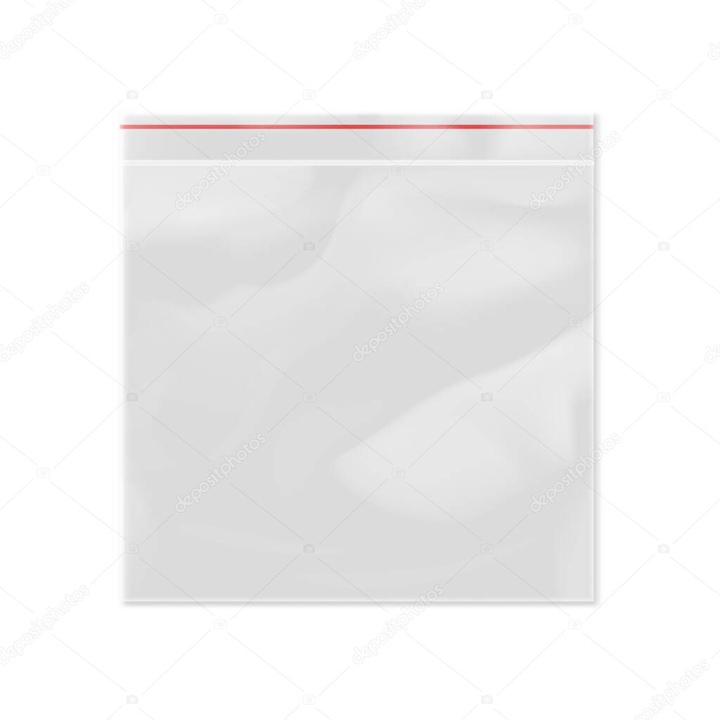 Blank 3d model plastic zipper bag isolated on white background vector illustration. Packaging design element