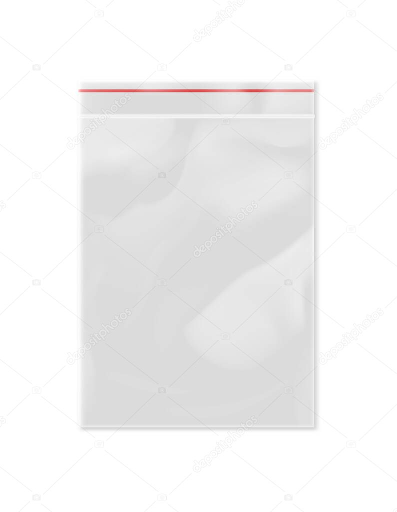White empty plastic packaging with zipper isolated on white background vector illustration. Packaging design element