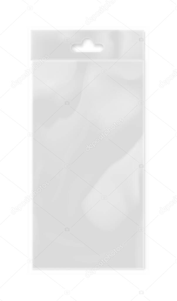 Plastic bag with hang slot isolated on white background vector illustration. Packaging design element