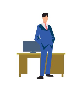 Masa başı illüstrasyonunun yanındaki genç işadamı beyaz arka planda izole edilmiş. Daire dizaynında ofis çalışanları veya insan kaynakları kavramı.