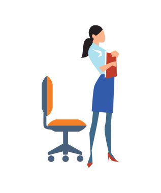 Koltuk vektörü çizimine yakın genç bir iş kadını beyaz arka planda izole edilmiş. Daire dizaynında ofis çalışanları veya insan kaynakları kavramı.