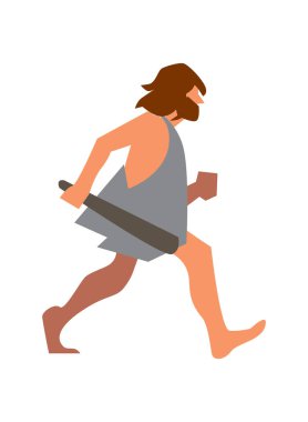 Kaya Devri 'nden kalma sopalı bir adam beyaz arka planda izole edilmiş vektör çizimi yapıyor. Düz dizaynlı mağara adamı karakteri.