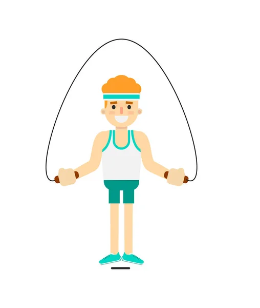 在白色背景矢量图上孤立的带跳绳的活泼男孩跳跃 平面设计中的体操 交叉套路训练概念 — 图库矢量图片