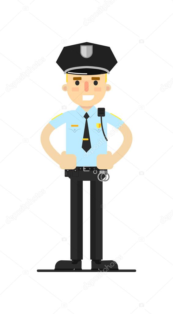 Police officer in uniform vector illustration isolated on white background. Patrolman or cop character in flat design.