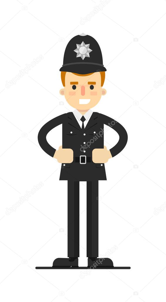 British policeman in uniform vector illustration isolated on white background. Police officer or cop character in flat design.