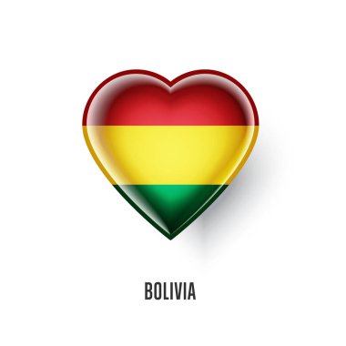 Beyaz arka planda Bolivya bayrağı çizimi olan vatansever kalp sembolü. Aşk Bolivya tasarım ögesi veya parlak logo, parlak düğme.