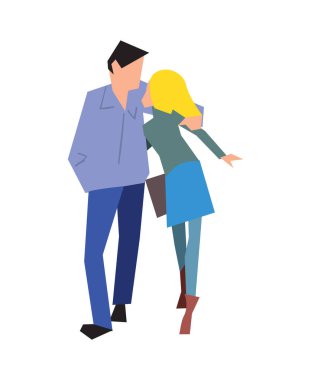 Beyaz arka planda izole edilmiş yürüme vektörü çiziminde aşık mutlu genç bir çift. Düz tasarımda insan ilişkileri, aile kavramı.