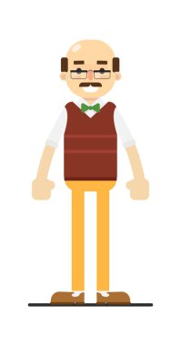 Papyonlu, süveterli ve pantolonlu yetişkin kel bir adam beyaz arka plan vektör çizimine izole edilmiş. Düz dizaynlı insanlar.