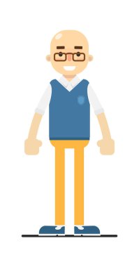 Yetişkin, kel bir adamın inpullover, pantolonu ve gömleği beyaz arka plan çizimine izole edilmiş. Düz dizaynlı insanlar.