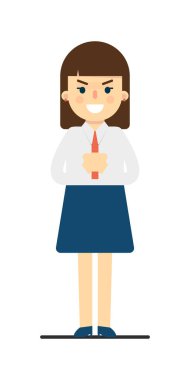 Katlanmış elleri olan kızgın genç bir kadın beyaz arka plan vektör çizimine izole edilmiş bir jest yapıyor. Düz dizaynlı etek ve bluz giyen güzel okul kızı..