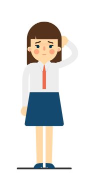 Üniformalı yorgun genç kadın beyaz arka plan çiziminde izole edilmiş. Düz dizaynlı etek ve bluz giyen güzel okul kızı..