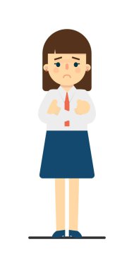 Elleri çapraz hareket eden sıkıntılı genç bir kadın beyaz arka plan vektör çizimine izole edilmiş. Düz dizaynlı etek ve bluz giyen güzel okul kızı..