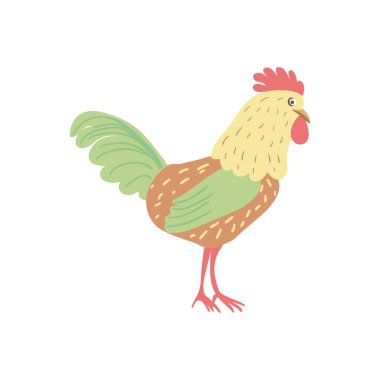 Horoz ya da el çizimi vektör çizimi beyaz arka planda izole edilmiş. Şirin çiftlik hayvanı, çizgi film tarzında evcil hayvanlar..