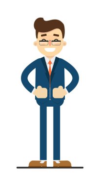 Beyaz arka plan çiziminde izole edilmiş belden hareketli mutlu bir iş adamı. Düz dizaynlı mavi takım elbiseli gülümseyen adam..