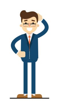 El 'in arkasında olduğu mutlu iş adamı beyaz arka plan vektör çizimine izole edilmiş. Düz dizaynlı mavi takım elbiseli gülümseyen adam..