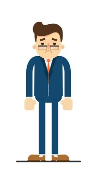 Üzgün iş adamı beyaz arka plan vektör çiziminde izole edilmiş. Düz dizaynlı mavi takım elbiseli adam.