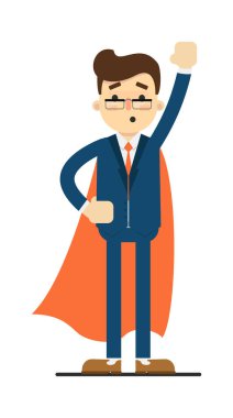 Süper kahraman pelerinli genç iş adamı beyaz arka plan vektör çiziminde izole edildi. Düz dizaynlı mavi takım elbiseli gülümseyen adam..