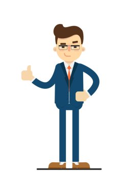 Beyaz arkaplan çizimine izole edilmiş mutlu işadamı hareketi. Düz dizaynlı mavi takım elbiseli gülümseyen adam..